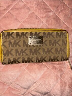 Michael Kors Brown MK Logo Zip Wallet with Yellow Trim